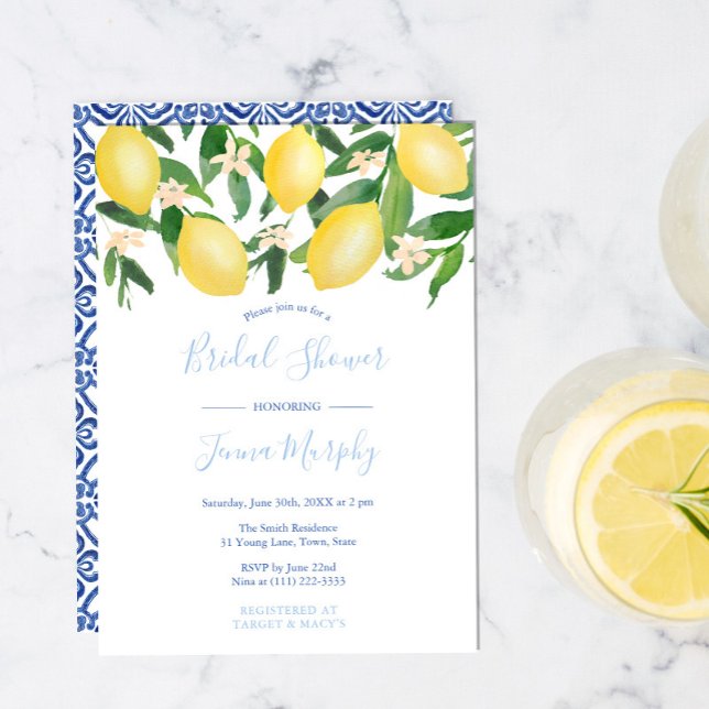 Invitación Toscana Lemons Patrón Antiguo Ducha Azul Bridal (W)