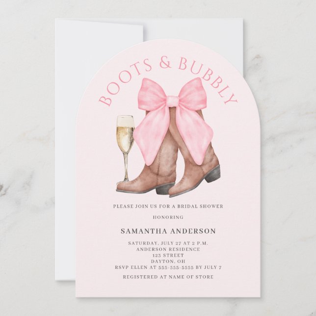 Invitación Tostada de boda occidental con botas rosadas burbu (Anverso)