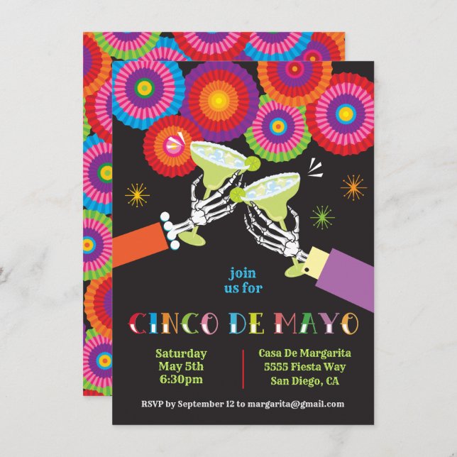 Invitación Tostada de Margarita de Esqueleto Fiesta de Cinco  (Anverso / Reverso)