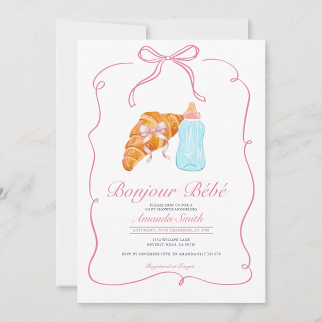 Invitación Tostada de París de lazo rosa Desayuno de bebé de  (Anverso)