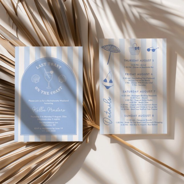 Invitación Tostada final en la costa de fiesta dibujada a man (Classy Blue And White Last Toast On The Coast Bachelorette Party Invitations with hand-drawn icons)