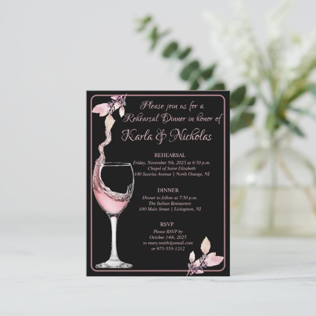 Invitación "Tostada floral" Cena formal de ensayo negro (Anverso de pie)