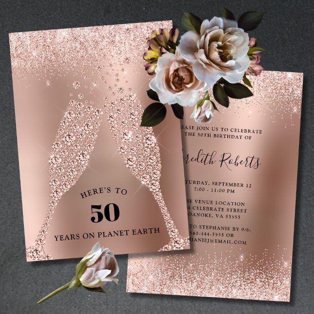 Invitación Tostado de Oro Rosa de la Burbujeante Cumpleaños 5 (50th Birthday Party Invitation Rose Gold Foil Blush Pink Glitter Champagne Toast)