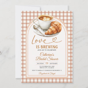 Invitación Tostado Gingham de Ducha de Novia Bow Love Is Brew