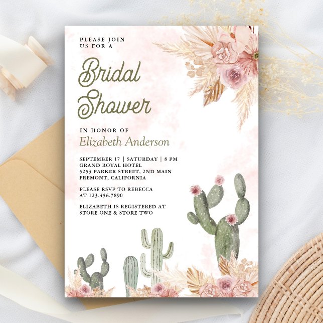 Invitación Tostado Rosa Floral Boho Pampas Cactus Despedida d (Subido por el creador)