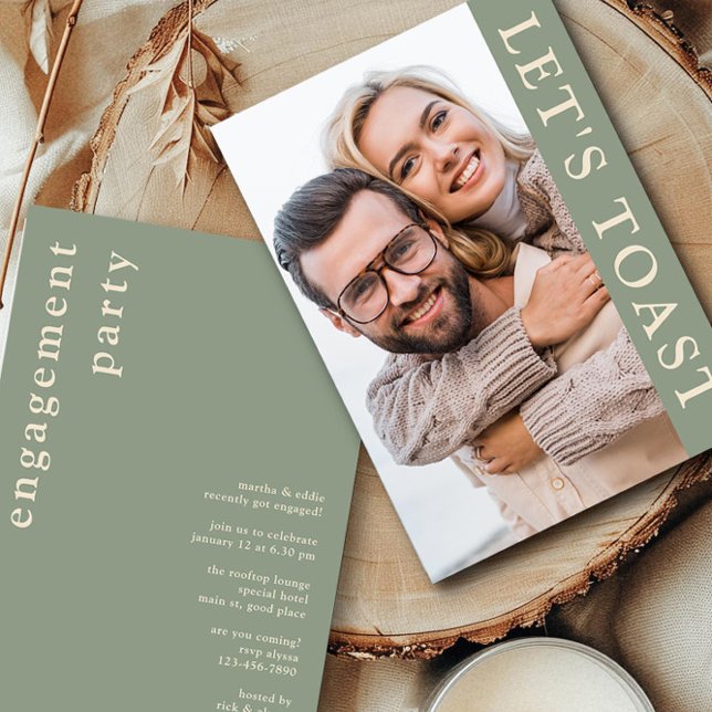 Invitación Tostemos la fiesta de compromiso de fotos de Green (Engagement Photo Invitation from the Engagement Party Invitations collection by Darling & May)