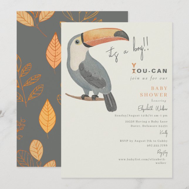 Invitación Toucan Join Us It's a Boy Baby Shower (Anverso / Reverso)