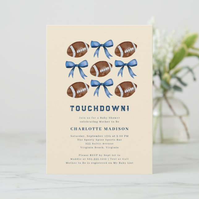 Invitación Touchdown Football  and Bows Baby Shower  (Anverso de pie)