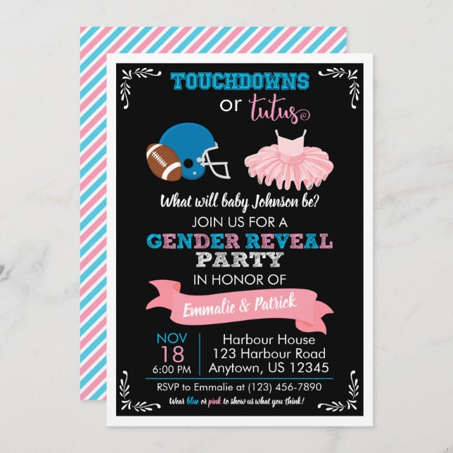 Invitación TOUCHDOWNS O TUTUS Gender Revelan Baby Shower (Anverso / Reverso)