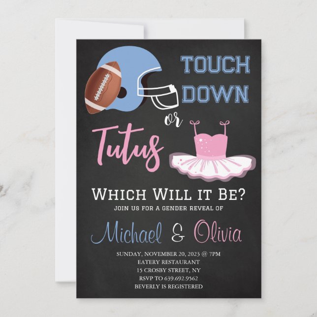 Invitación TOUCHDOWNS O TUTUS Gender Revelan Baby Shower (Anverso)