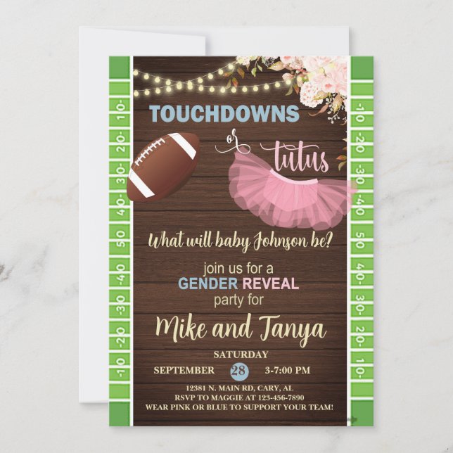 Invitación Touchdowns or Tutus gender reveal invitation. (Anverso)