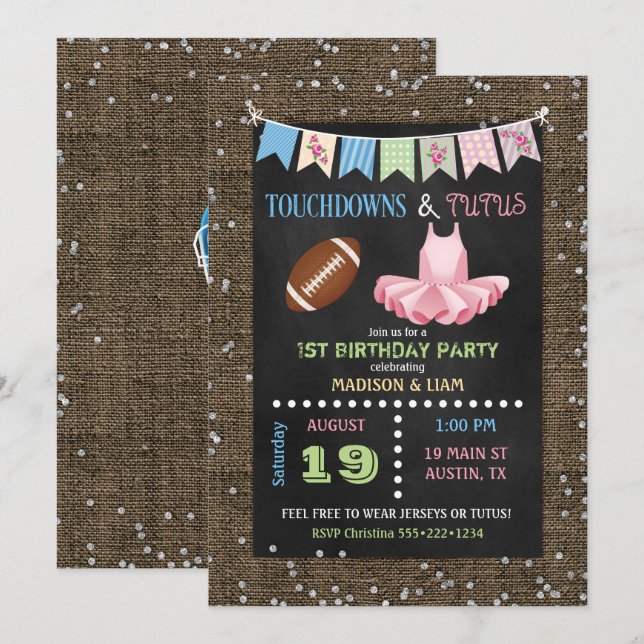 Invitación Touchdowns & Tutus Cumpleaños de gemelos o baby sh (Anverso / Reverso)