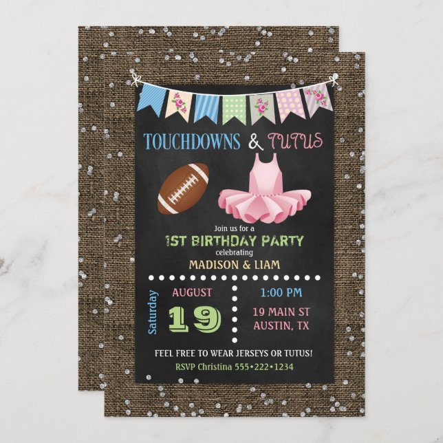 Invitación Touchdowns y Tutus Twins Cumpleaños o Baby Shower (Anverso / Reverso)