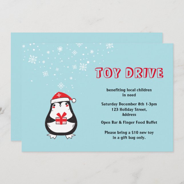 Invitación Toy Drive Cute Santa Penguin (Anverso / Reverso)