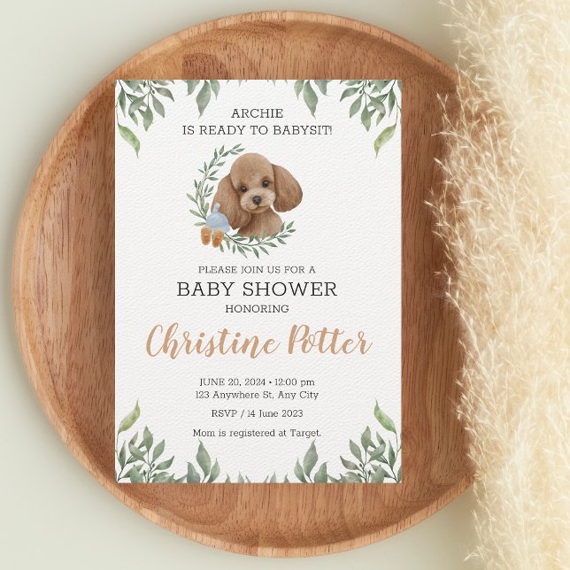 Invitación Toy Poodle Apricot Brown Boho Greenery Baby Shower (Subido por el creador)