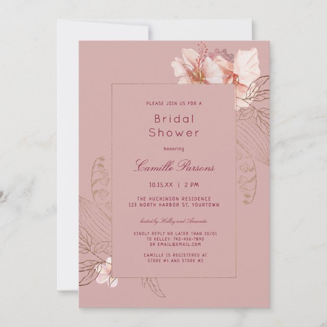 Invitación Tracería rosa tropical ducha de novia (Anverso)