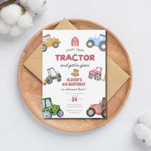 Invitación Tractor acuarela 6 cumpleaños