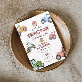 Invitación Tractor acuarela de 2º cumpleaños