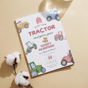 Invitación Tractor acuarela de cuarto cumpleaños