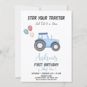 Invitación Tractor Azul cualquier edad, cumpleaños