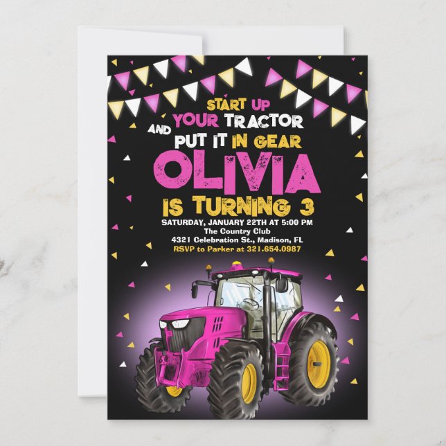 Invitación Tractor Chica Rosa 3 Fiesta de cumpleaños (Anverso)