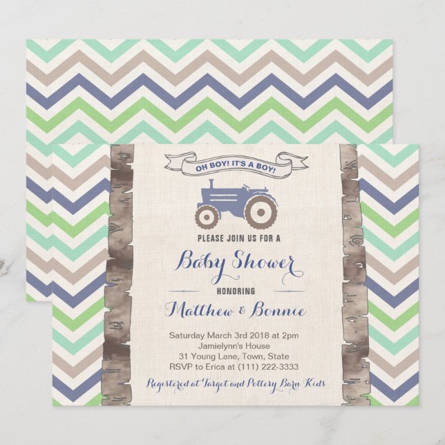 Invitación Tractor con Chevrons Baby Shower para Boy (Anverso / Reverso)
