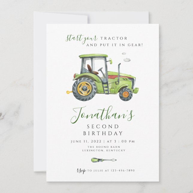 Invitación Tractor Cumpleaños minimalista moderno (Anverso)