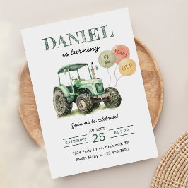 Invitación Tractor de acuarela Fiesta de segundo cumpleaños