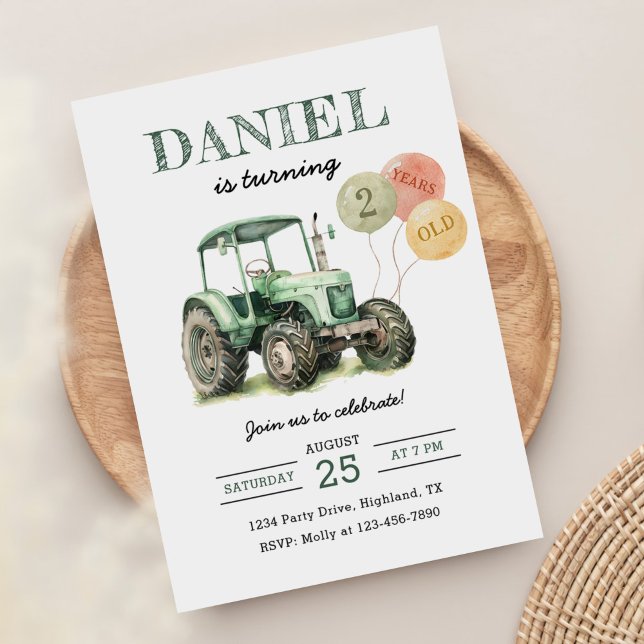 Invitación Tractor de acuarela Fiesta de segundo cumpleaños (Subido por el creador)