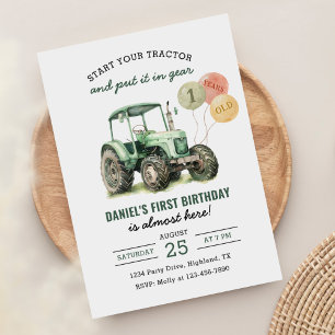 Invitación Tractor de acuarela Primer Fiesta de cumpleaños