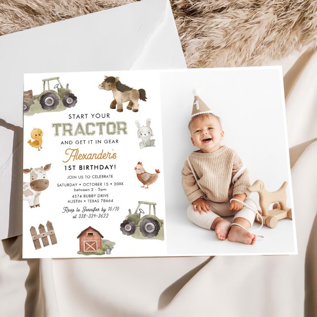 Invitación Tractor de acuarela Primera foto de cumpleaños (Subido por el creador)