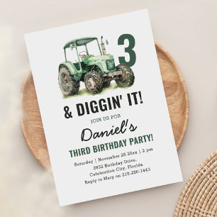 Invitación Tractor de color agua tercer Fiesta de cumpleaños