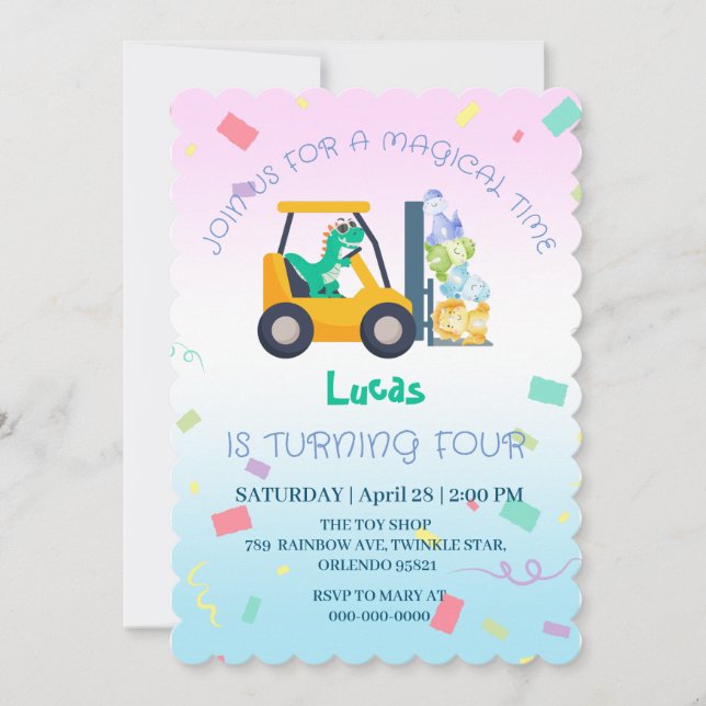 Invitación Tractor de dinosaurio bebé lindo Camión Cumpleaños (Anverso)