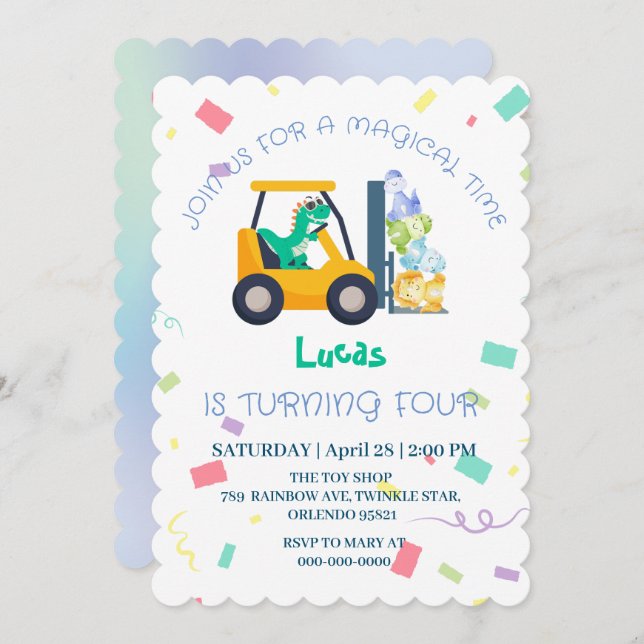 Invitación Tractor de dinosaurio bebé lindo Camión Cumpleaños (Anverso / Reverso)