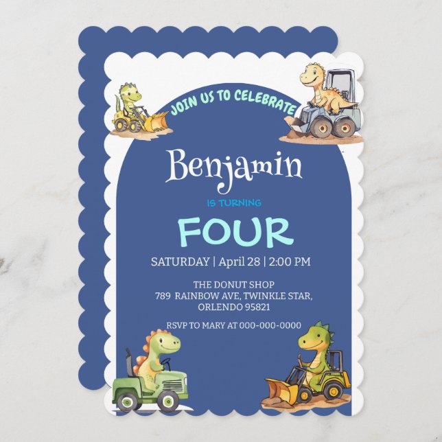 Invitación tractor de dinosaurio Blue Cute Rainbow School Cum (Anverso / Reverso)