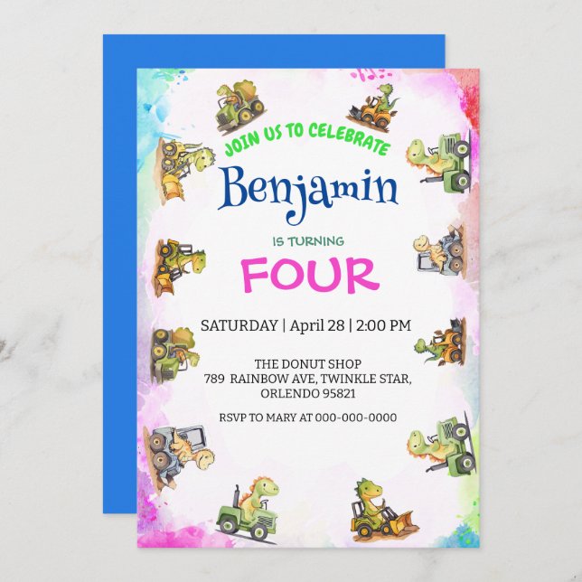 Invitación Tractor de dinosaurio lindo Rainbow B2S School Cum (Anverso / Reverso)