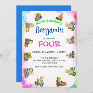 Invitación Tractor de dinosaurio lindo Rainbow B2S School Cum