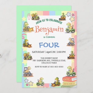 Invitación Tractor de dinosaurio lindo Rainbow B2S School Cum