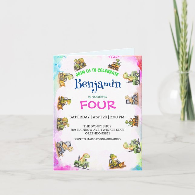 Invitación Tractor de dinosaurio lindo Rainbow B2S School Cum (Anverso)