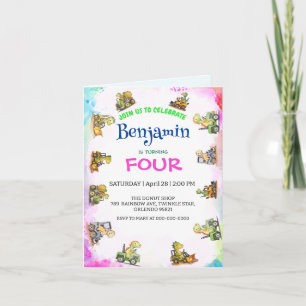 Invitación Tractor de dinosaurio lindo Rainbow B2S School Cum