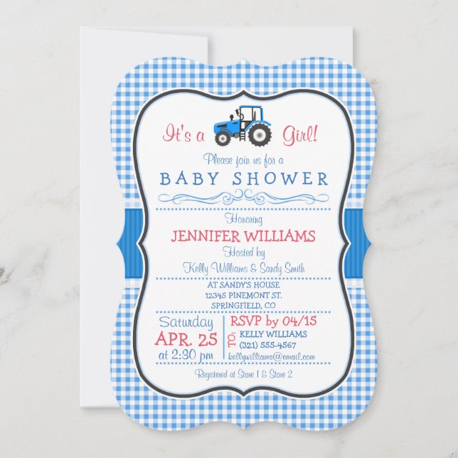 Invitación Tractor de granja azul, Baby Shower Chica de país (Anverso)