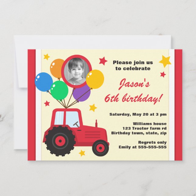 Invitación tractor de granja con globos, foto de cumpleaños p (Anverso)