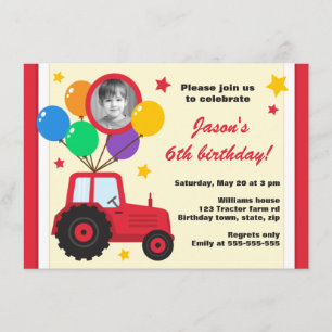 Invitación tractor de granja con globos, foto de cumpleaños p