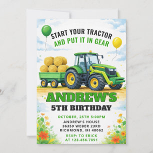 Invitación Tractor de granja verde cumpleaños personalizado