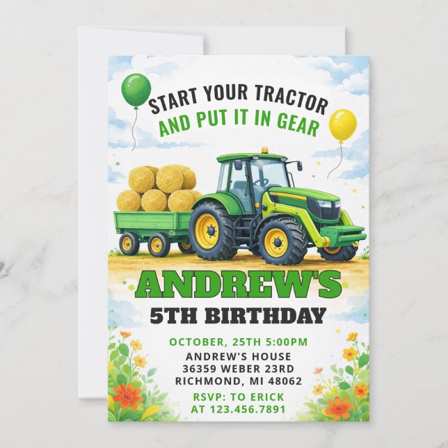 Invitación Tractor de granja verde cumpleaños personalizado (Anverso)