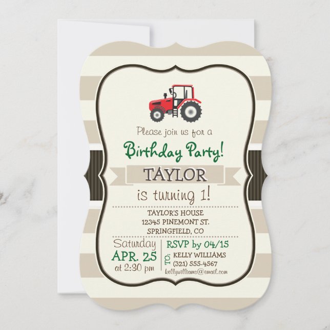 Invitación Tractor de granjas rojas en franjas de Tan (Anverso)