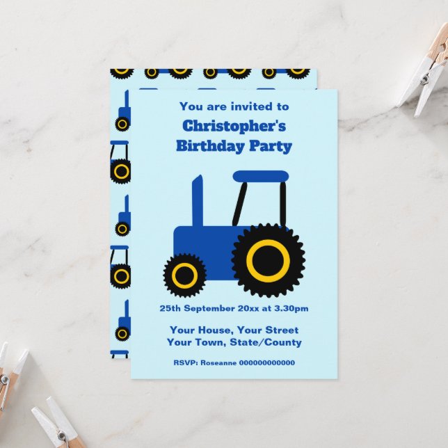 Invitación Tractor Design Personalised Birthday Party (Anverso/Reverso In Situ)