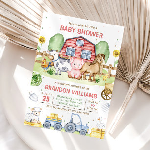 Invitación Tractor Farm Animals Barnyard Baby Shower
