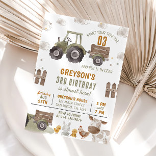 Invitación Tractor Farm Boy 3 Fiesta de cumpleaños