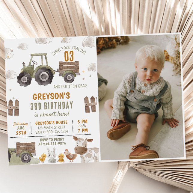 Invitación Tractor Farm Boy 3er cumpleaños Fiesta foto (Subido por el creador)